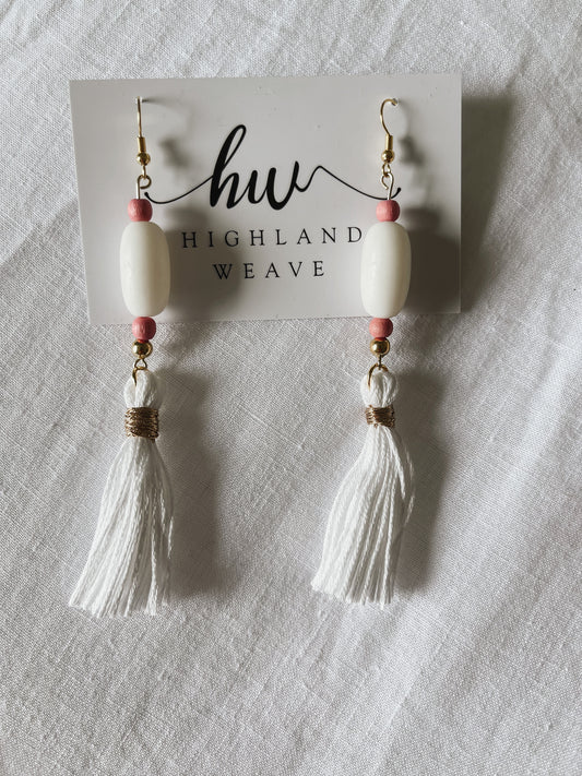 Highland Weave Earrings- White tassels